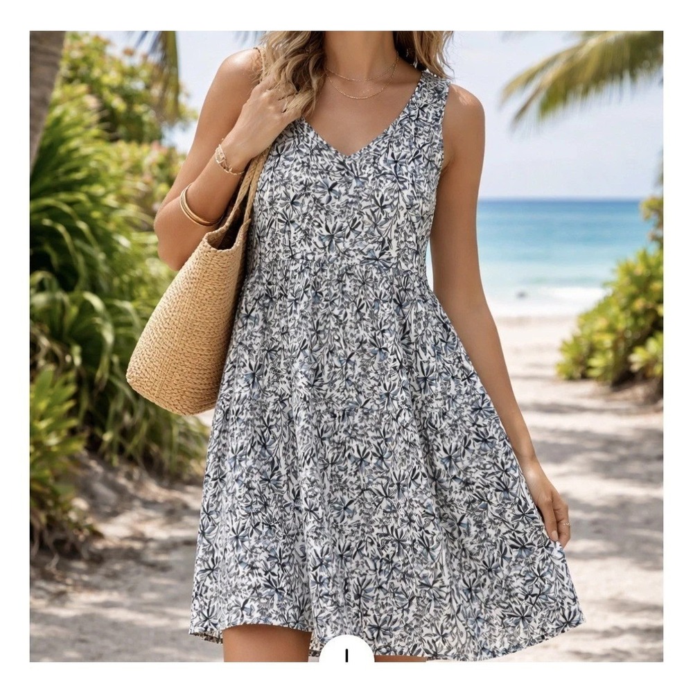 Lucky Brand Floral Dress 100% Linen Blue White Pockets Small Boho Resort Beach